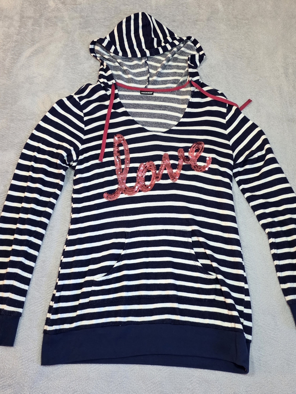Joe Boxer Women's XL Tunic Hoodie Navy White Breton Sailor Stripe Sequin Love